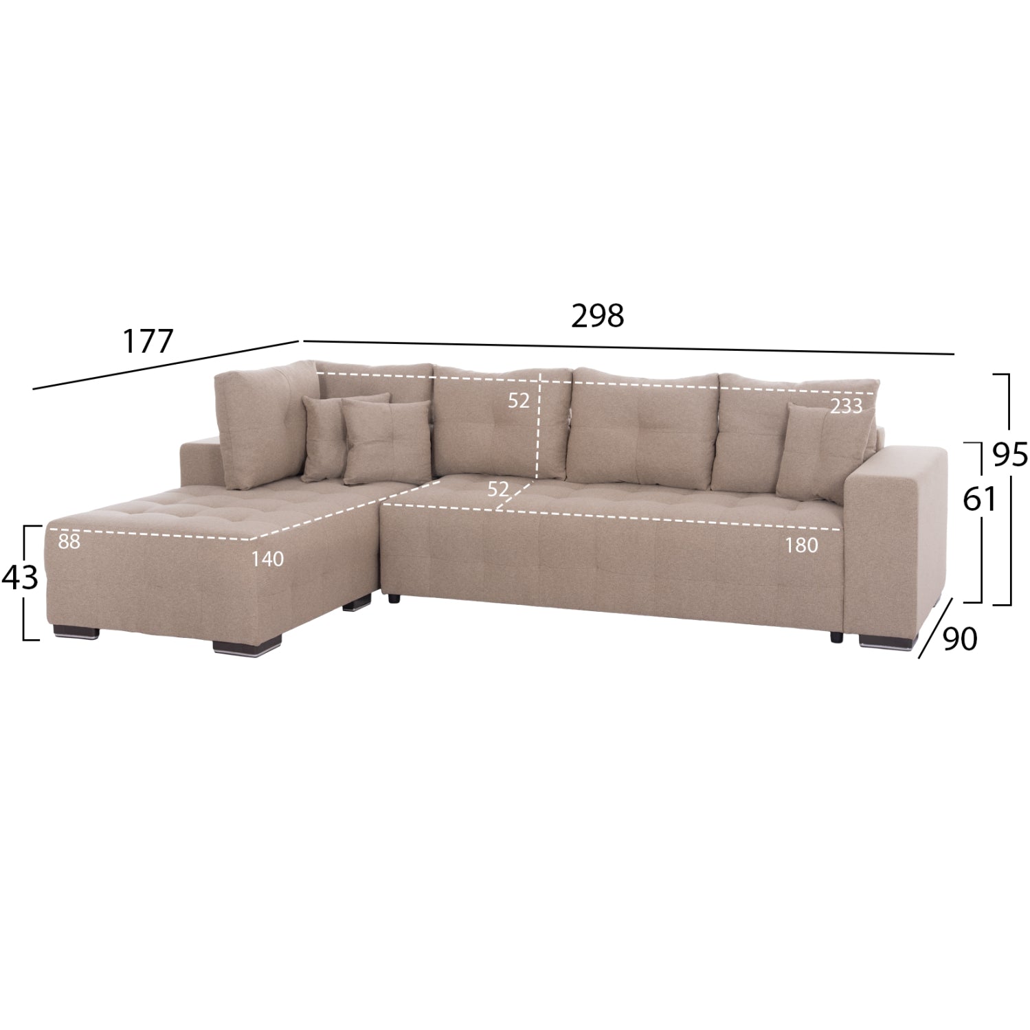 ΓΩΝΙΑΚΟΣ ΚΑΝΑΠΕΣ-ΚΡΕΒΑΤΙ ΜΕ ΑΠΟΘ.ΧΩΡΟ TRENDSTON HM3302.03L ΜΠΕΖ ΥΦΑΣΜΑ 298x177x95Υεκ
