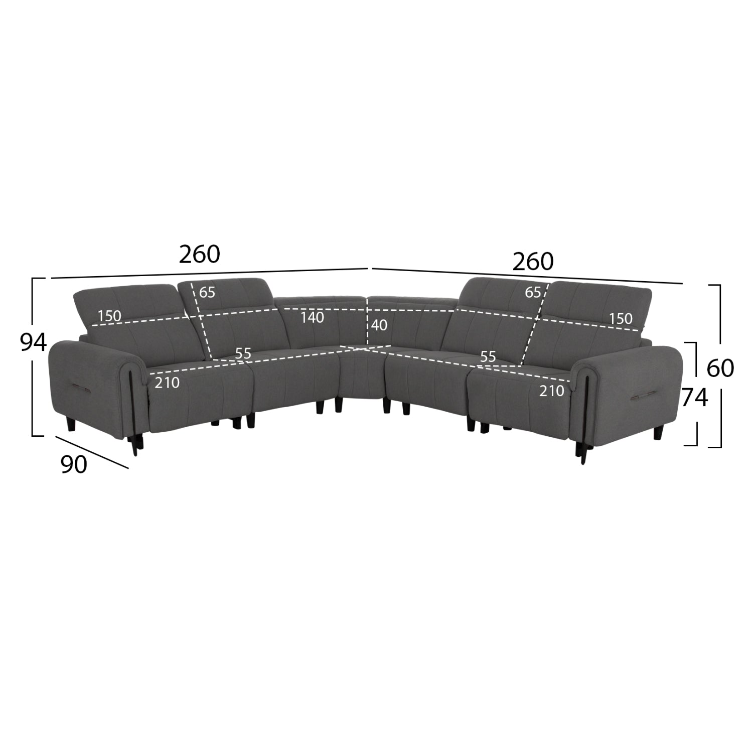 ΓΩΝΙΑΚΟΣ ΚΑΝΑΠΕΣ ΜΕ RECLINE ORACLE HM3290.01 ΓΚΡΙ ΥΦΑΣΜΑ 260x260x90(κάθισμα)x94Υεκ.