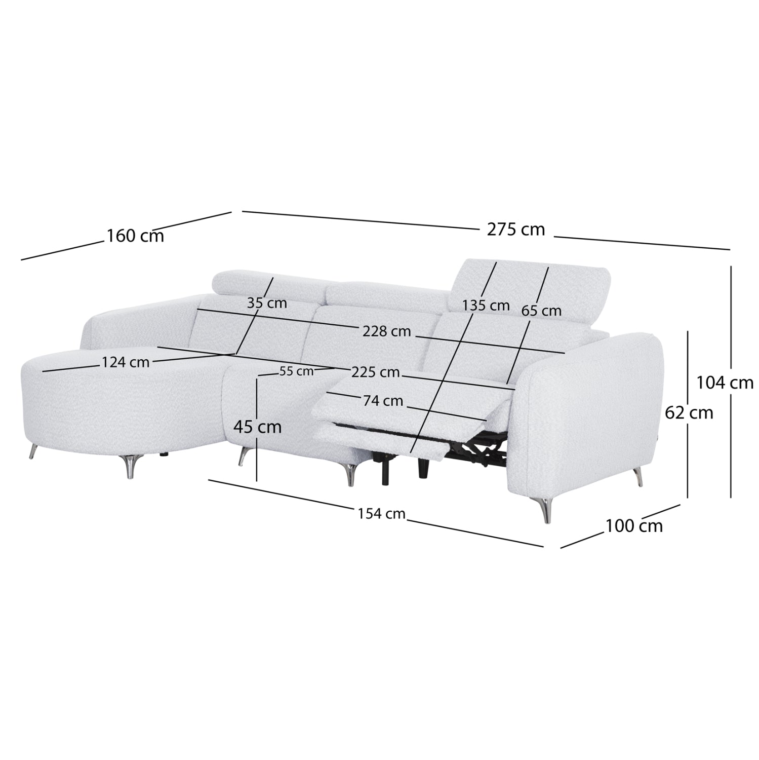 ΚΑΝΑΠΕΣ ΑΡΙΣΤΕΡΗ ΓΩΝΙΑ 3Θ ΜΕ RECLINE VALENTE HM3317.01L ΑΝΟΙΧΤΟ ΓΚΡΙ ΥΦΑΣΜΑ 275x160x104Yεκ