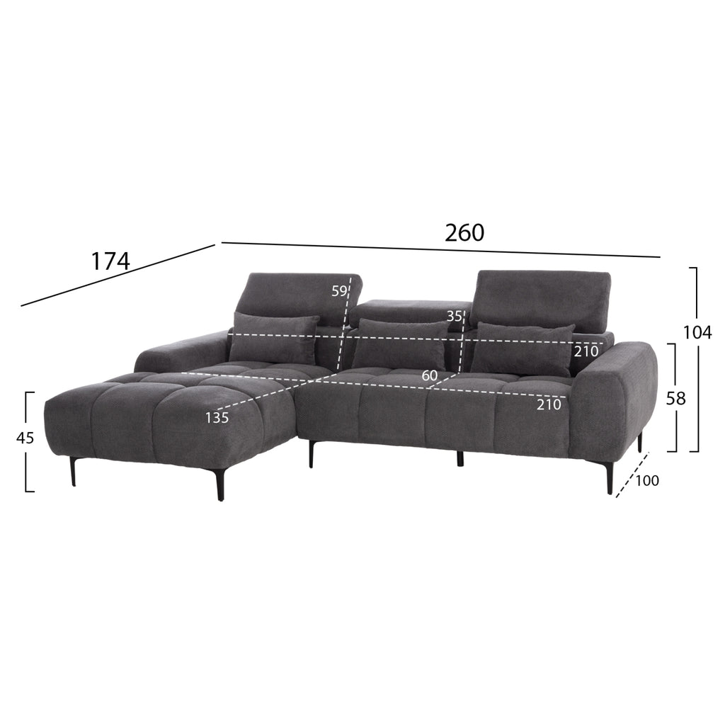 ΚΑΝΑΠΕΣ ΑΡΙΣΤΕΡΗ ΓΩΝΙΑ DIVYA HM3267.12L ΓΚΡΙ ΥΦΑΣΜΑ 260x100-174x104Υεκ.