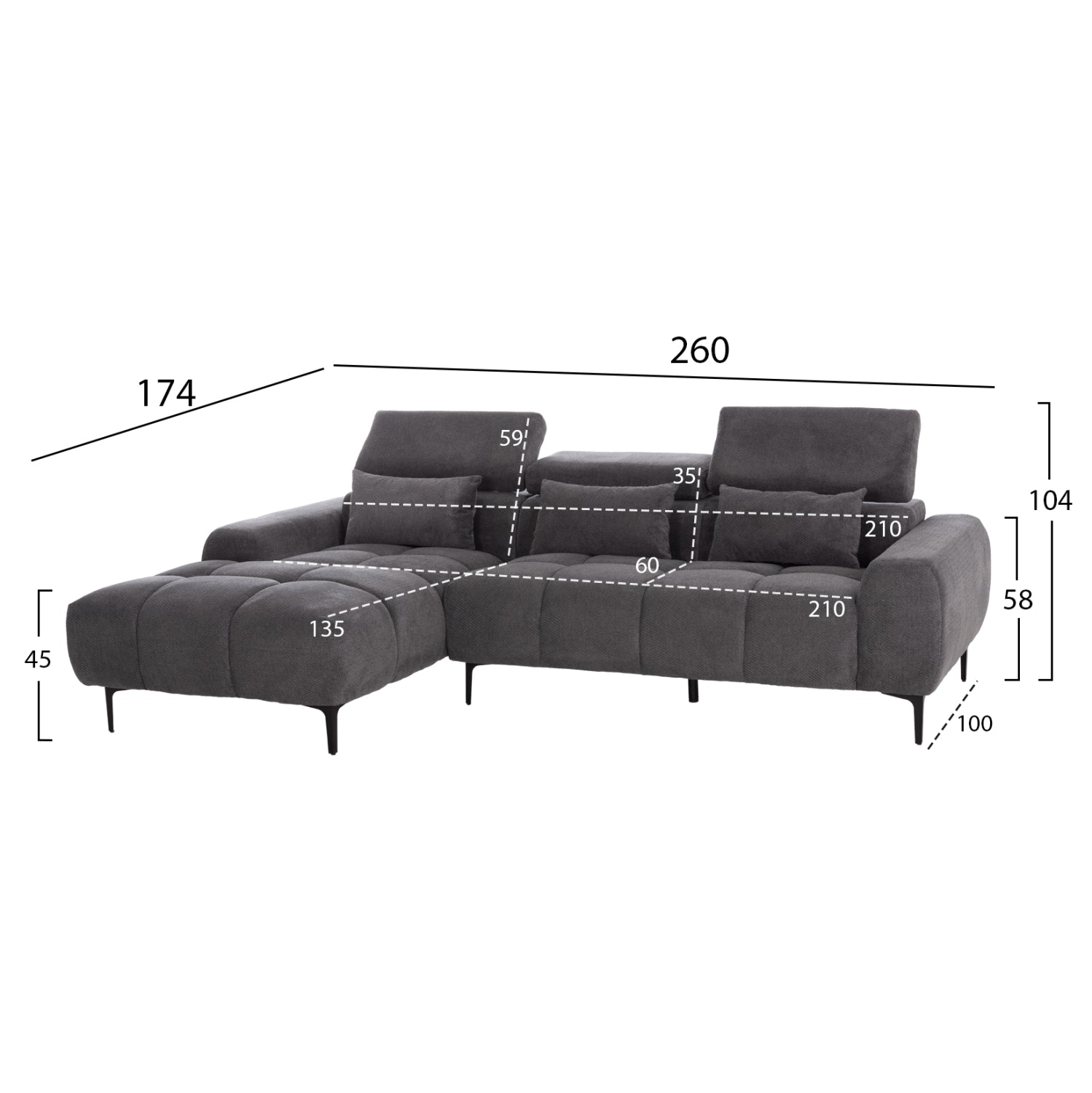 ΚΑΝΑΠΕΣ ΑΡΙΣΤΕΡΗ ΓΩΝΙΑ DIVYA HM3267.12L ΓΚΡΙ ΥΦΑΣΜΑ 260x100-174x104Υεκ.