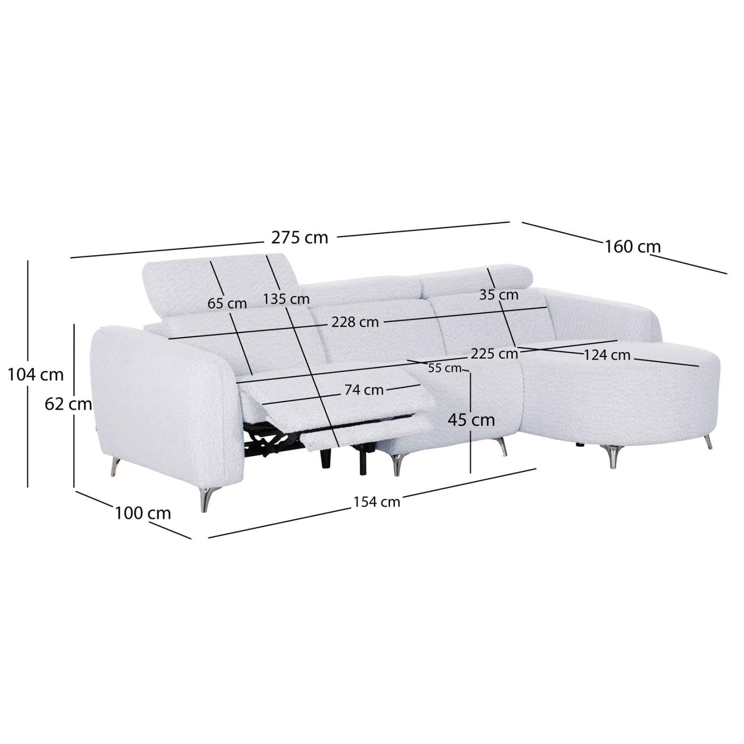 ΚΑΝΑΠΕΣ ΔΕΞΙΑ ΓΩΝΙΑ 3Θ ΜΕ RECLINE VALENTE HM3317.01R ΑΝΟΙΧΤΟ ΓΚΡΙ ΥΦΑΣΜΑ 275x160x104Yεκ