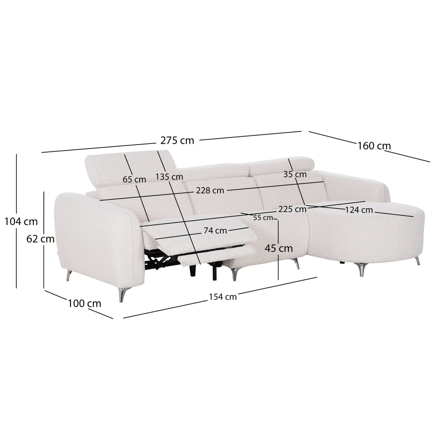 ΚΑΝΑΠΕΣ ΔΕΞΙΑ ΓΩΝΙΑ 3Θ ΜΕ RECLINE VALENTE HM3317.02R ΜΠΕΖ ΥΦΑΣΜΑ 275x160x104Yεκ