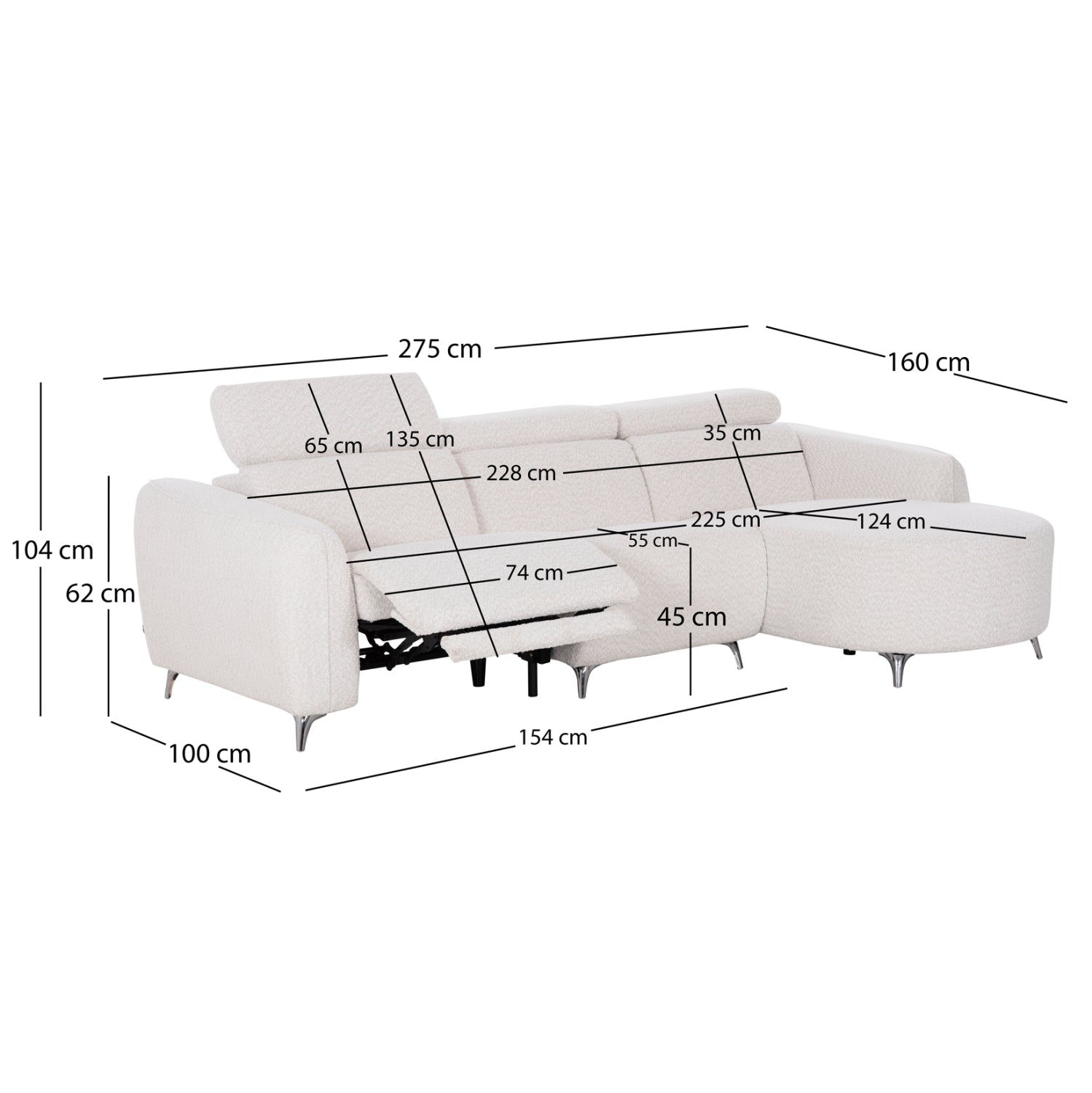 ΚΑΝΑΠΕΣ ΔΕΞΙΑ ΓΩΝΙΑ 3Θ ΜΕ RECLINE VALENTE HM3317.02R ΜΠΕΖ ΥΦΑΣΜΑ 275x160x104Yεκ