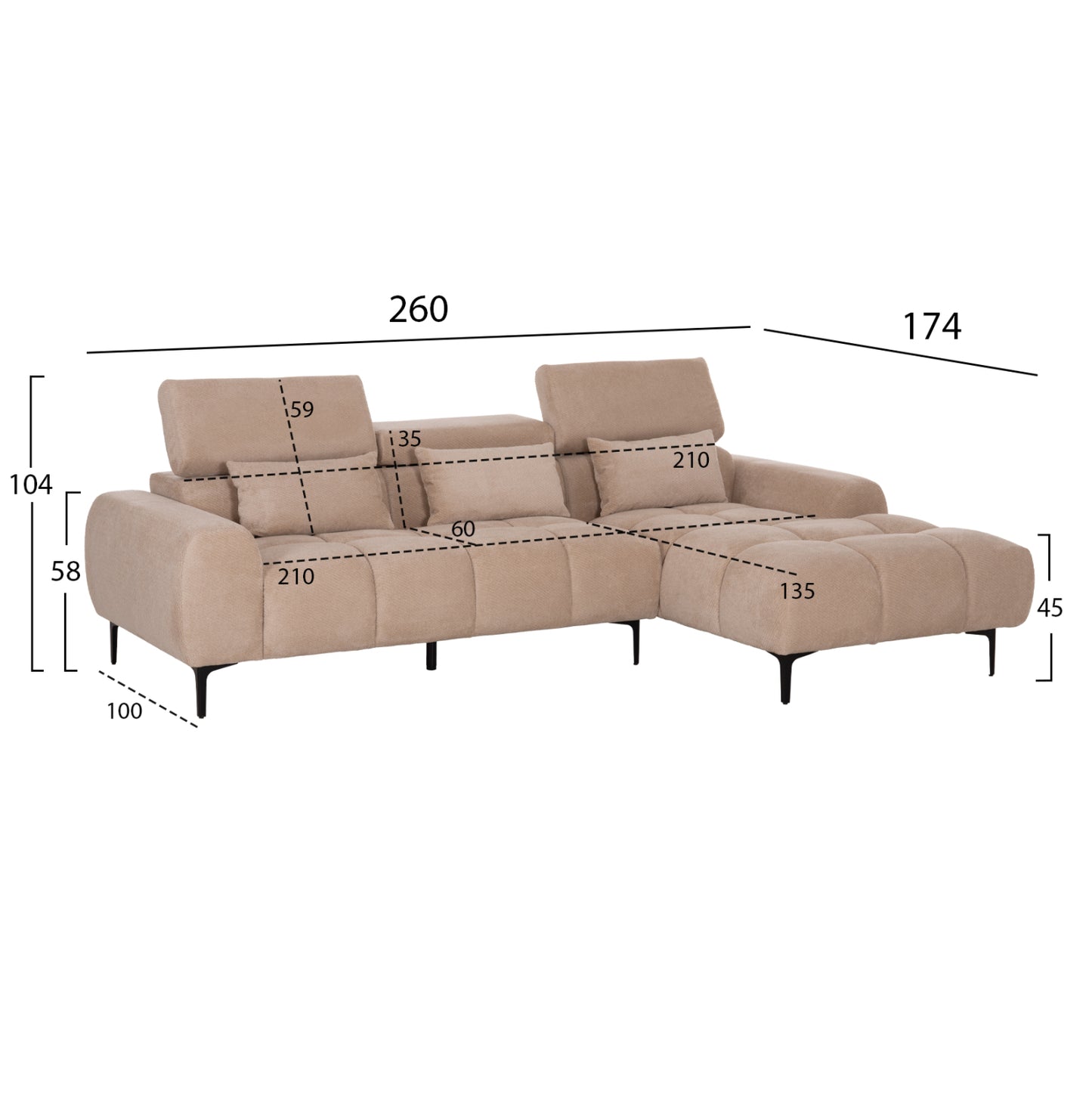 ΚΑΝΑΠΕΣ ΔΕΞΙΑ ΓΩΝΙΑ DIVYA HM3267.11R ΜΠΕΖ ΥΦΑΣΜΑ 260x100-174x104Υεκ.