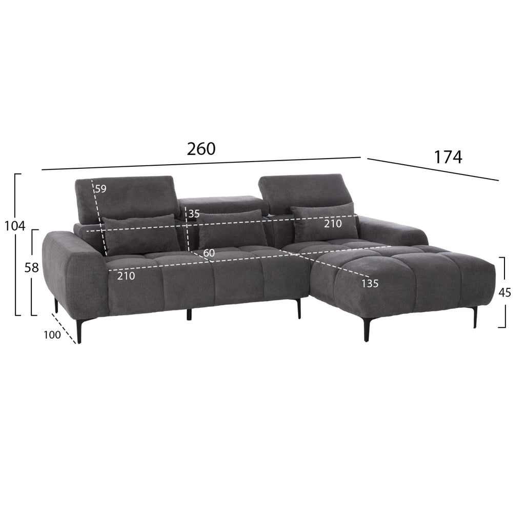 ΚΑΝΑΠΕΣ ΔΕΞΙΑ ΓΩΝΙΑ DIVYA HM3267.12R ΓΚΡΙ ΥΦΑΣΜΑ 260x100-174x104Υεκ.