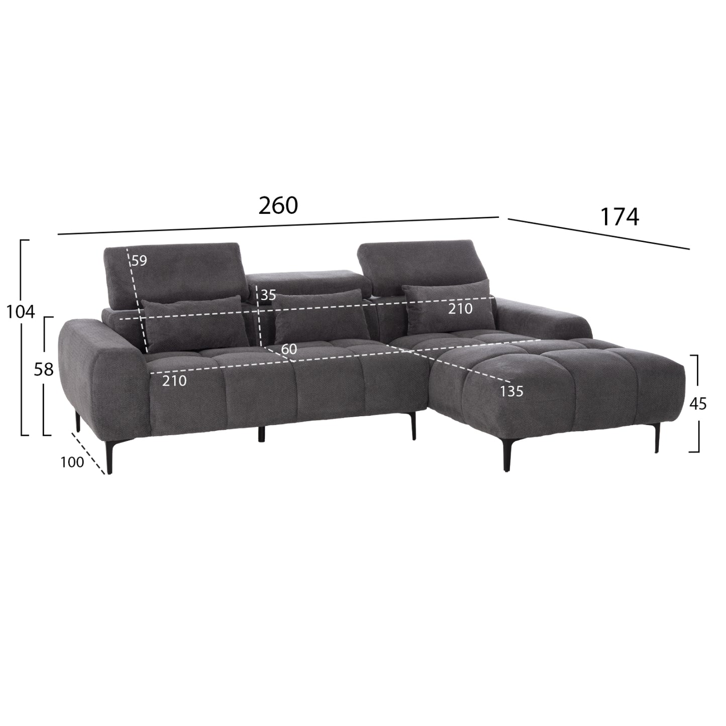 ΚΑΝΑΠΕΣ ΔΕΞΙΑ ΓΩΝΙΑ DIVYA HM3267.12R ΓΚΡΙ ΥΦΑΣΜΑ 260x100-174x104Υεκ.