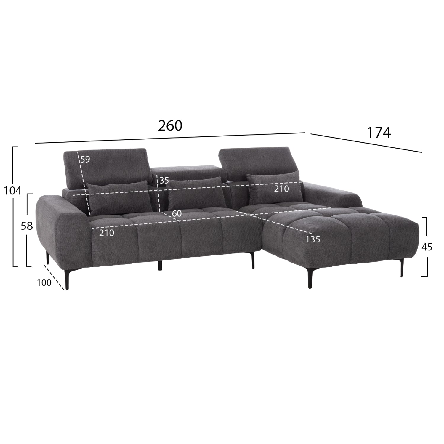 ΚΑΝΑΠΕΣ ΔΕΞΙΑ ΓΩΝΙΑ DIVYA HM3267.12R ΓΚΡΙ ΥΦΑΣΜΑ 260x100-174x104Υεκ.