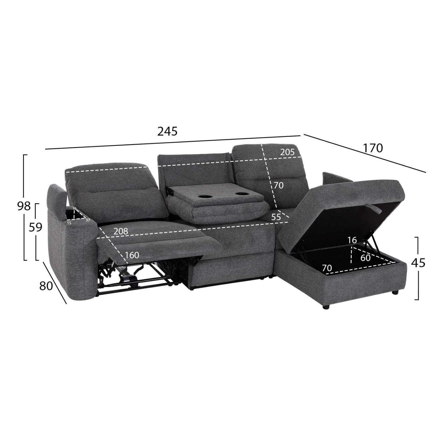 ΚΑΝΑΠΕΣ ΔΕΞΙΑ ΓΩΝΙΑ SYNTHIA HM3308.03R ΑΝΑΚΛΙΣΗ & ΑΠΟΘ.ΧΩΡΟΣ--ΓΚΡΙ 245x170x98Υεκ