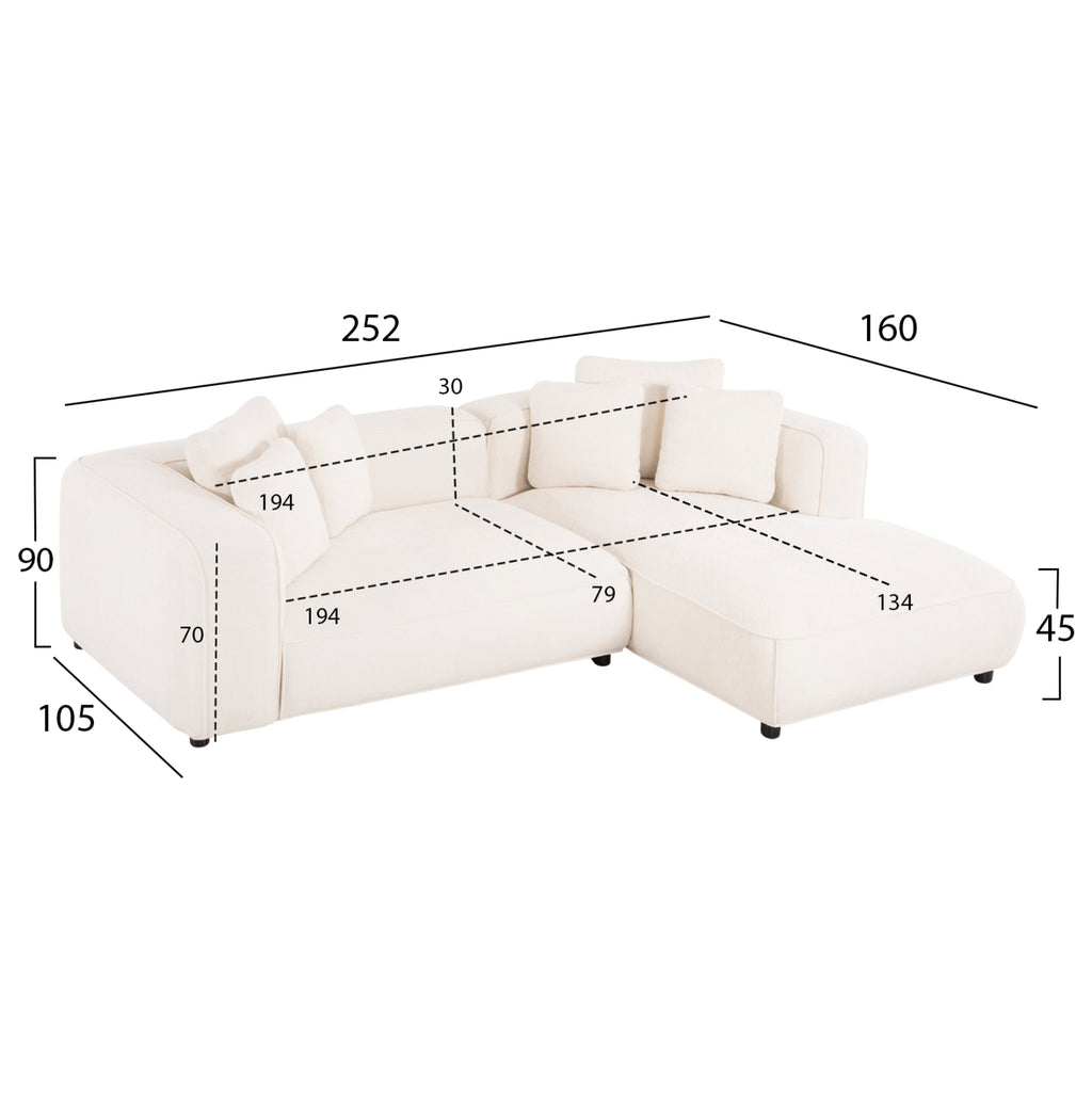 ΚΑΝΑΠΕΣ ΓΩΝΙΑ (ΔΕΞΙΑ) 3-ΘΕΣΙΟΣ GRACE HM3280.02R ΛΕΥΚΟ ΥΦΑΣΜΑ 252x160x70-90Υεκ
