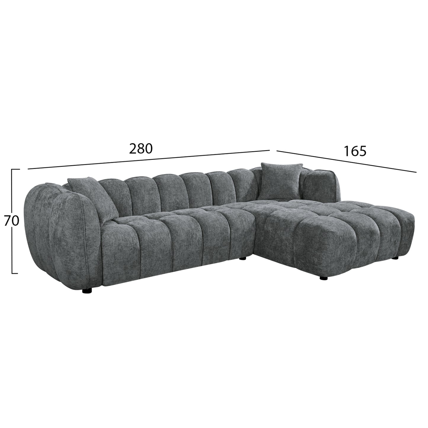 ΚΑΝΑΠΕΣ ΓΩΝΙΑ (ΔΕΞΙΑ) LYKKE HM3326.01R ΓΚΡΙ ΥΦΑΣΜΑ 280x89-165(η γωνία)x70Υεκ