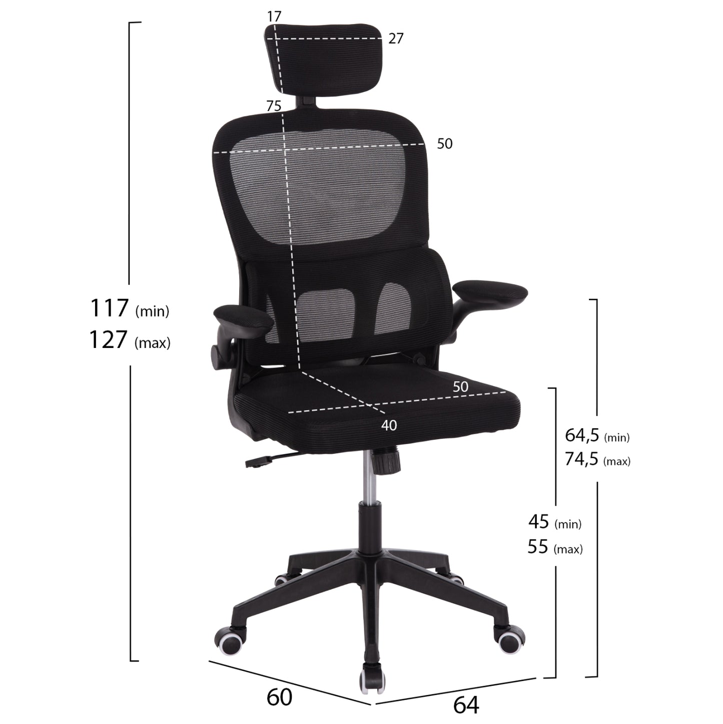 ΚΑΡΕΚΛΑ ΓΡΑΦΕΙΟΥ BASTON HM18236.01 ΜΑΥΡΟ MESH & PP ΣΚΕΛΕΤΟΣ 64x60x117-127Υεκ.