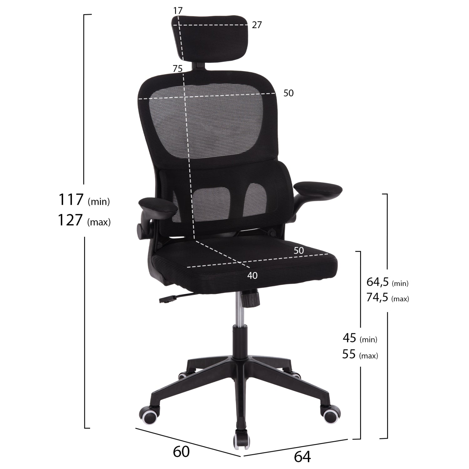 ΚΑΡΕΚΛΑ ΓΡΑΦΕΙΟΥ BASTON HM18236.01 ΜΑΥΡΟ MESH & PP ΣΚΕΛΕΤΟΣ 64x60x117-127Υεκ.