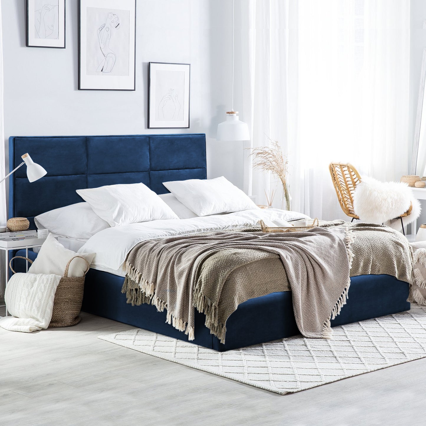ΚΡΕΒΑΤΙ ΔΙΠΛΟ & ΣΤΡΩΜΑ BRILEY HM21272.03 ΜΠΛΕ ΒΕΛΟΥΔΟ ΜΕ ΑΠΟΘ.ΧΩΡΟ--ΓΙΑ 160x200εκ