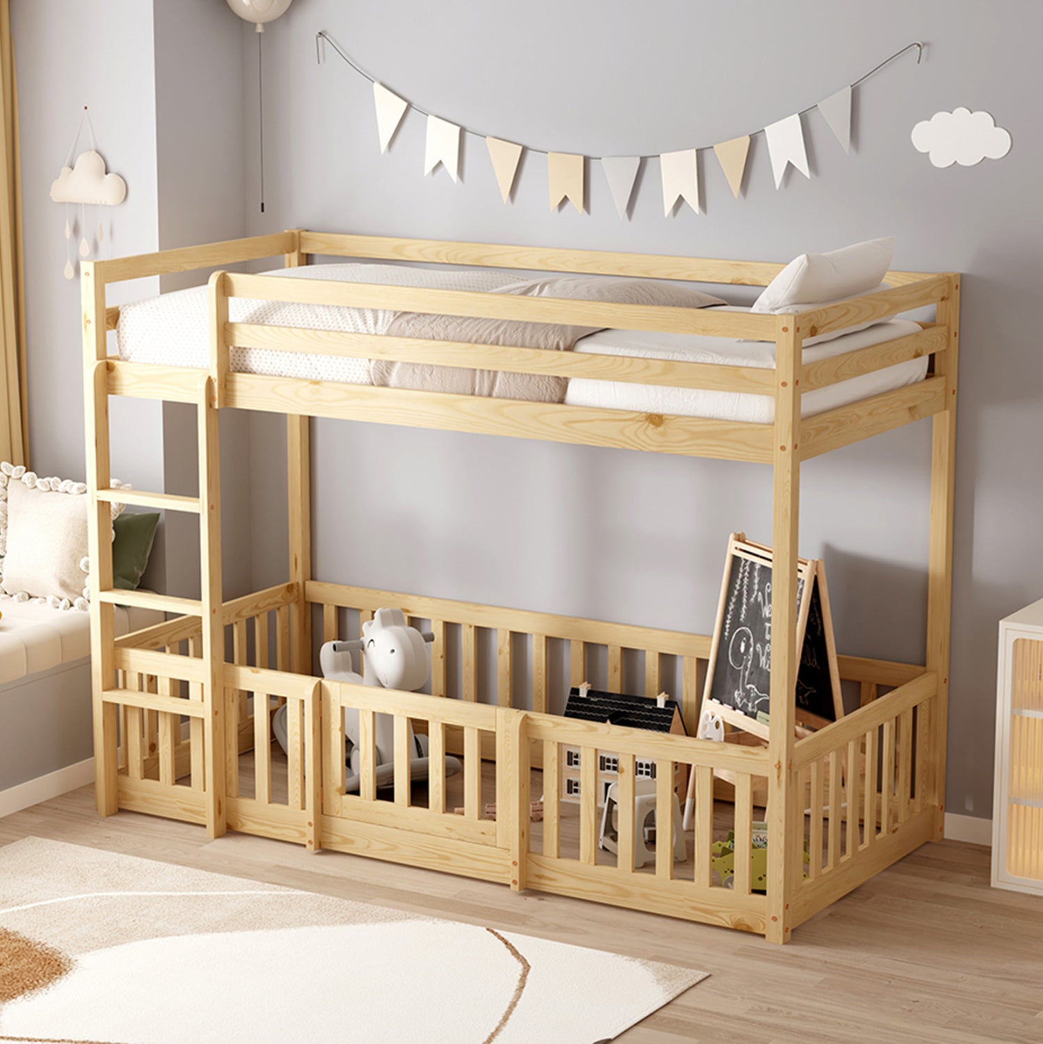 ΠΑΙΔΙΚΗ ΚΟΥΚΕΤΑ τ.MONTESSORI ΜΕ ΠΑΡΚΑΚΙ PLAYKID HM703.01 ΞΥΛΟ ΠΕΥΚΟΥ ΦΥΣΙΚΟ ΓΙΑ 190x90εκ