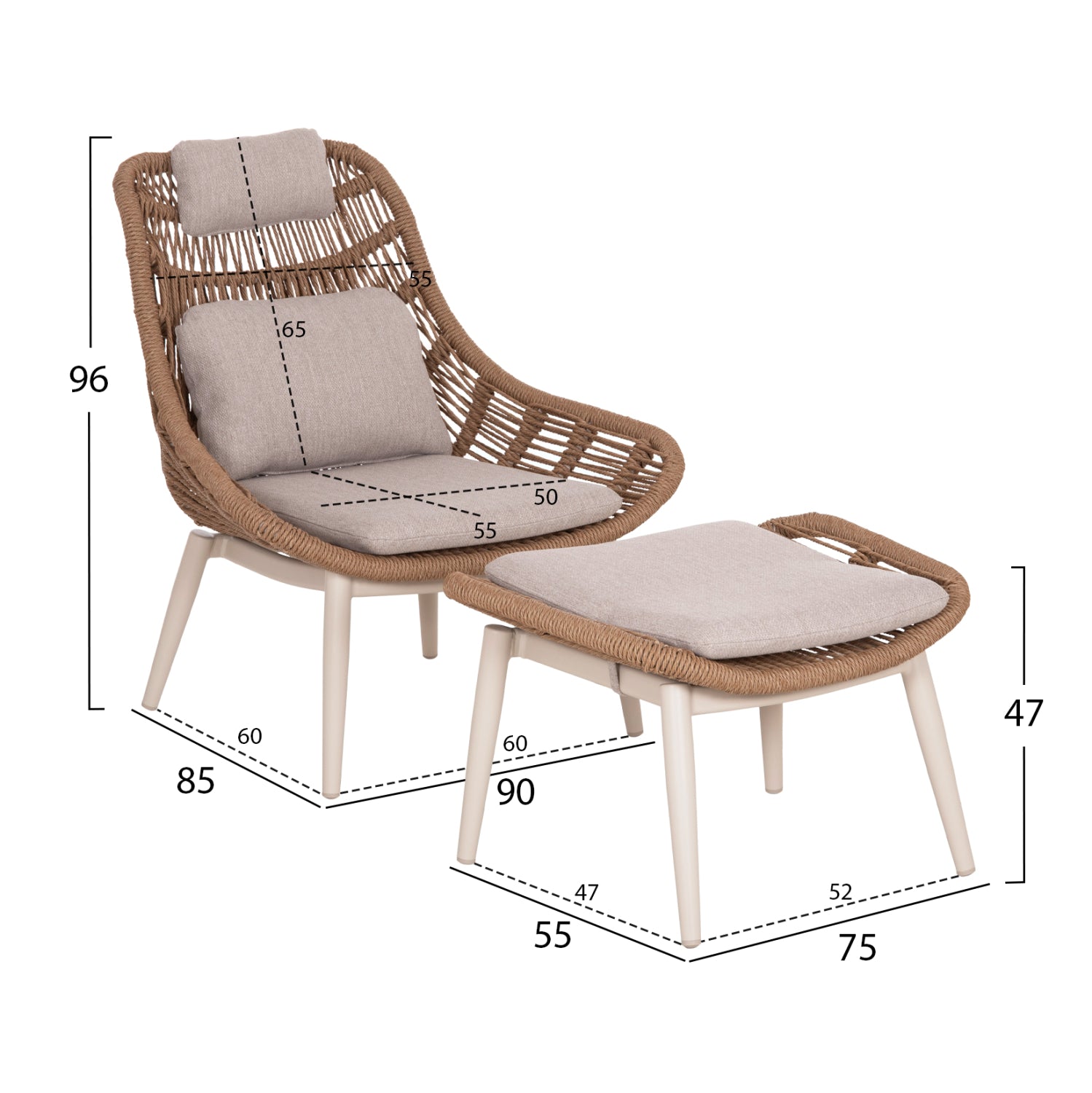 ΠΟΛΥΘΡΟΝΑ LOUNGE ΜΕ ΥΠΟΠΟΔΙΟ REMVAZZO HM6561.02 ΑΛΟΥΜΙΝΙΟ ΜΠΕΖ--WICKER 90x85x96Υεκ