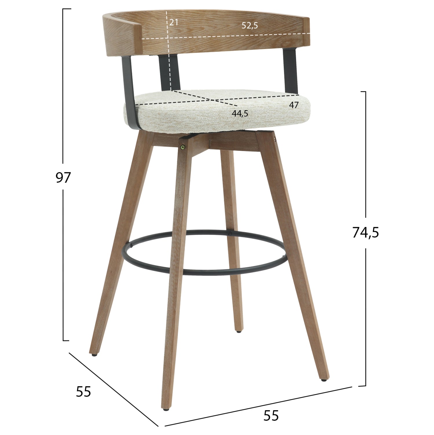ΣΚΑΜΠΟ ΜΠΑΡ ΠΕΡΙΣΤΡΕΦΟΜΕΝΟ LANI HM9988.01 ΠΟΔΙΑ ΟΞΙΑΣ-ΕΚΡΟΥ ΥΦΑΣΜΑ 55x55x97Υεκ.